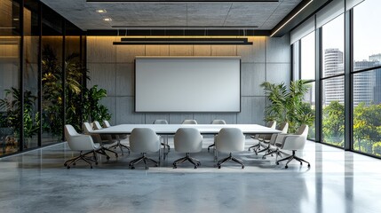 Wall Mural - Modern conference room with blank screen on the wall, white chairs around a table in a minimalist interior with big windows and city view.