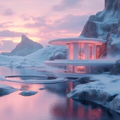 Wall Mural - Modern futuristic house with glass windows built into a snowy mountain landscape at sunset.