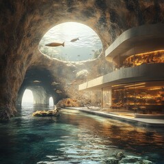 Wall Mural - Modern house built into a cave with an underwater view, sunlight shining through an opening in the ceiling.