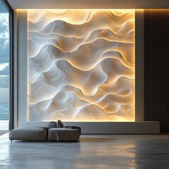 Poster - Modern interior design with a wall art sculpture with a warm light, and a sea view.