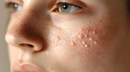 Wall Mural - Face detail close-up, showing acne scars fading over 30 days, cool tones, healing process visualized, sharp focus on skin improvement, neutral background, photojournalistic