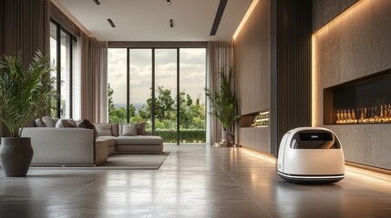 Poster - Modern living room with a robotic device and large windows.