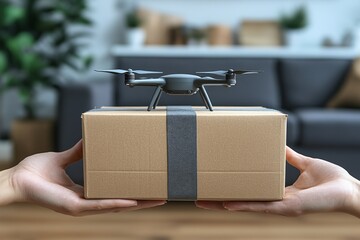 Canvas Print - Hands holding a delivery box with a small drone attached symbolizing smart UAV technology and secure parcel delivery in automated logistics systems