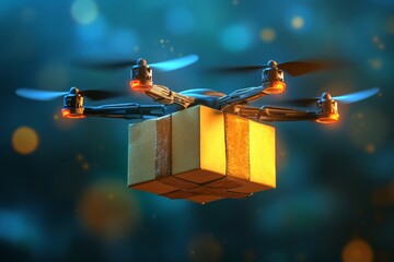 Canvas Print - Drone carrying a glowing golden package over a blue toned industrial backdrop symbolizing secure aerial logistics and fast delivery systems