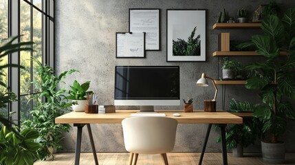 Poster - Modern workspace with plants, desk, and computer for productivity.