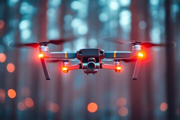 Wall Mural - Drone with glowing red lights hovering in a misty forest representing advanced UAV technology for secure aerial logistics in natural environments