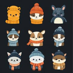 Sticker - Nine adorable cartoon animals wearing winter hats and scarves.