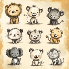 Poster - Nine adorable cartoon lions in different poses and colors, drawn in a watercolor style on a vintage background.