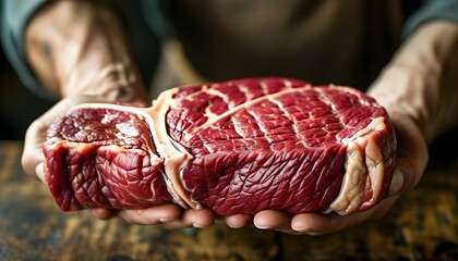 Skilled butcher gripping a luscious, marbled wagyu beef steak ready for preparation