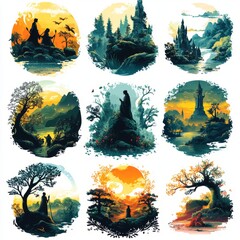 Sticker - Nine circular illustrations of fantasy landscapes with silhouettes of people and animals.