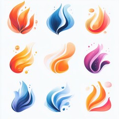 Poster - Nine colorful abstract fire flames isolated on white background.