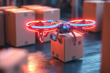 Canvas Print - Small drone delivering a package in a warehouse showcasing advanced UAV technology for fast automated logistics and cargo transportation in industrial environments