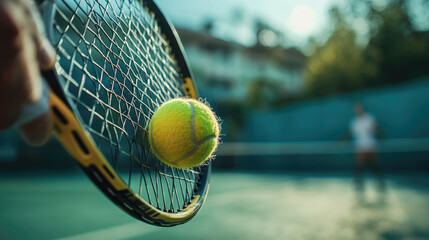 Wall Mural - A tennis ball is in the air and is about to hit the racket. A person is holding the racket