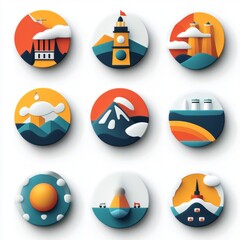 Sticker - Nine colorful round icons depicting various landmarks and natural features.