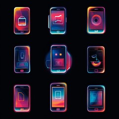 Canvas Print - Nine colorful smartphone icons with glowing neon edges against a dark background.