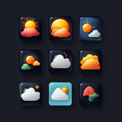 Sticker - Nine colorful weather icons with sun, clouds and rain.