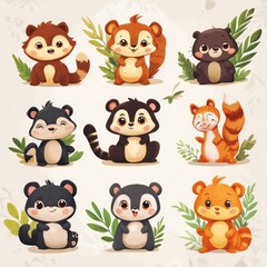 Poster - Nine cute cartoon animals with big eyes.