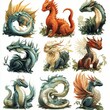 Nine cute dragons with different colors and designs.