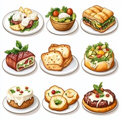 Canvas Print - Nine different dishes on white plates with various food items such as salad, sandwiches, and baked goods.