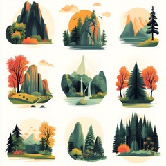 Poster - Nine illustrated circular landscape scenes with mountains, forests, rivers, and waterfalls.