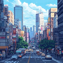 Poster - Pixelated view of a busy city street with tall buildings, cars, and pedestrians.