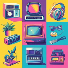 Canvas Print - Retro 80s and 90s pop culture objects including headphones, television, computer, sunglasses, keyboard, and more in colorful vector illustrations.