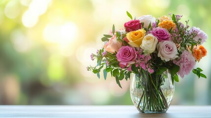 Poster - A beautifully arranged bouquet of colorful mixed flowers sits elegantly in a glass vase on a light wood table, enhancing the serene atmosphere. Generative AI