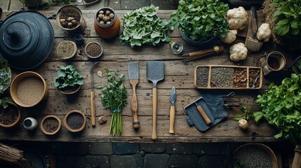 Canvas Print - Rustic garden tools, seeds, plants, and other gardening essentials on a wooden table, from an overhead perspective.