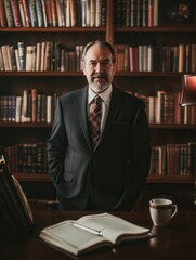 Fototapete - A distinguished professor, dressed in a suit, poses with confidence in a library surrounded by shelves of books and a coffee cup. Generative AI