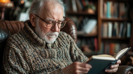 Senior man with glasses reading a book in an armchair.