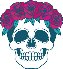 Floral skull with bold red roses, flat vector for Day of the Dead or Halloween designs. Strong contrasts and simple lines for decorative use