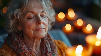 Senior woman with closed eyes meditating in a dimly lit room with candlelight.