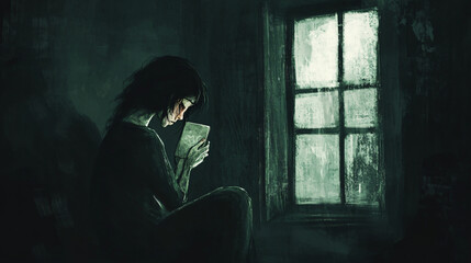 An illustration of a person sitting alone in a darkened room, clutching a keepsake with a pained expression.