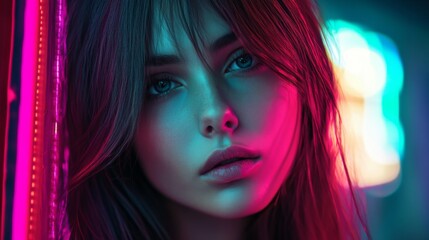 Canvas Print - Close-up Portrait of a Woman with Blue Eyes Illuminated by Neon Lights