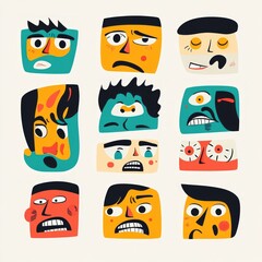 Sticker - Set of 12 cartoon faces expressing different emotions.