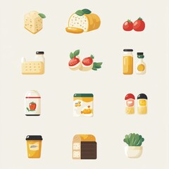 Poster - Set of 12 colorful cartoon food icons cheese, bread, tomatoes, strawberries, juice, coffee, salad.