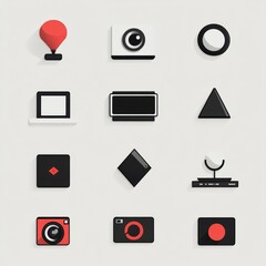 Poster - Set of 12 simple and modern flat icons, including a pin, camera, circle, laptop, rectangle, triangle, diamond, stand, and record button.