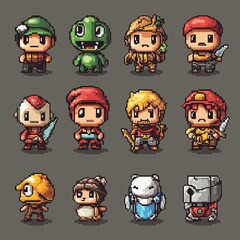 Set of 12 pixel art characters, including a green monster, a warrior, a knight, and more.