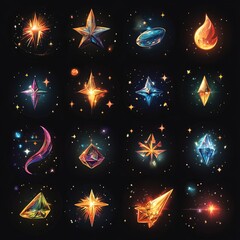 Canvas Print - Set of 16 colorful glowing stars and crystals with glowing sparkles and cosmic background.