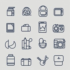 Canvas Print - Set of 16 line icons representing various objects, including a camera, a suitcase, a backpack, a book, a phone, and more.