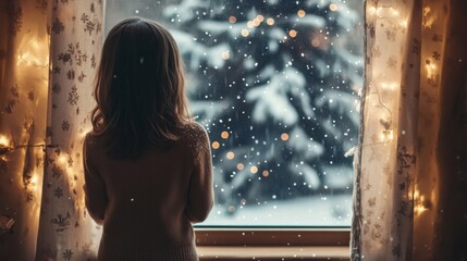 Sticker - A Girl Gazing Out a Snowy Window with Christmas Lights