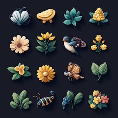 Canvas Print - Set of cute nature elements like flowers, birds, butterflies, insects and leaves with long shadows.