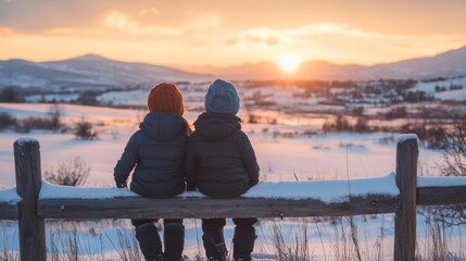 Poster - Two Children Sitting on a Fence, Watching the Sunset Over Snowy Mountains