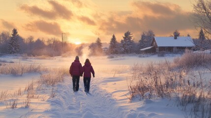 Poster - Couple Walking Hand-in-Hand Through Snowy Landscape at Sunset