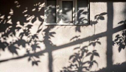 gray shadows of leaves and window on rough wall texture