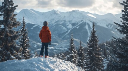 Poster - A Lone Figure Gazes Upon a Snowy Mountain Range