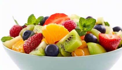 Wall Mural - close up of a colorful fruit salad isolated on white