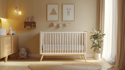 This serene nursery showcases a wooden baby crib with white slats, harmonizing with soft beige tones and minimal furnishings, creating a cozy space for infants