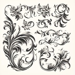 Poster - Set of vintage floral design elements, intricate swirling patterns, black and white on cream background.