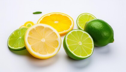 Wall Mural - multicolored composition with slices of sour citrus fruits lime and lemon isolated on a white background